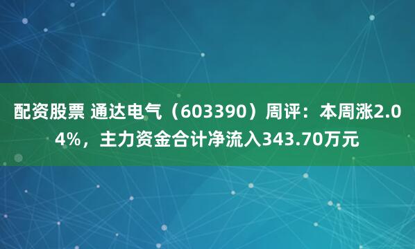 配资股票 通达电气（603390）周评：本周涨2.04%，主力资金合计净流入343.70万元